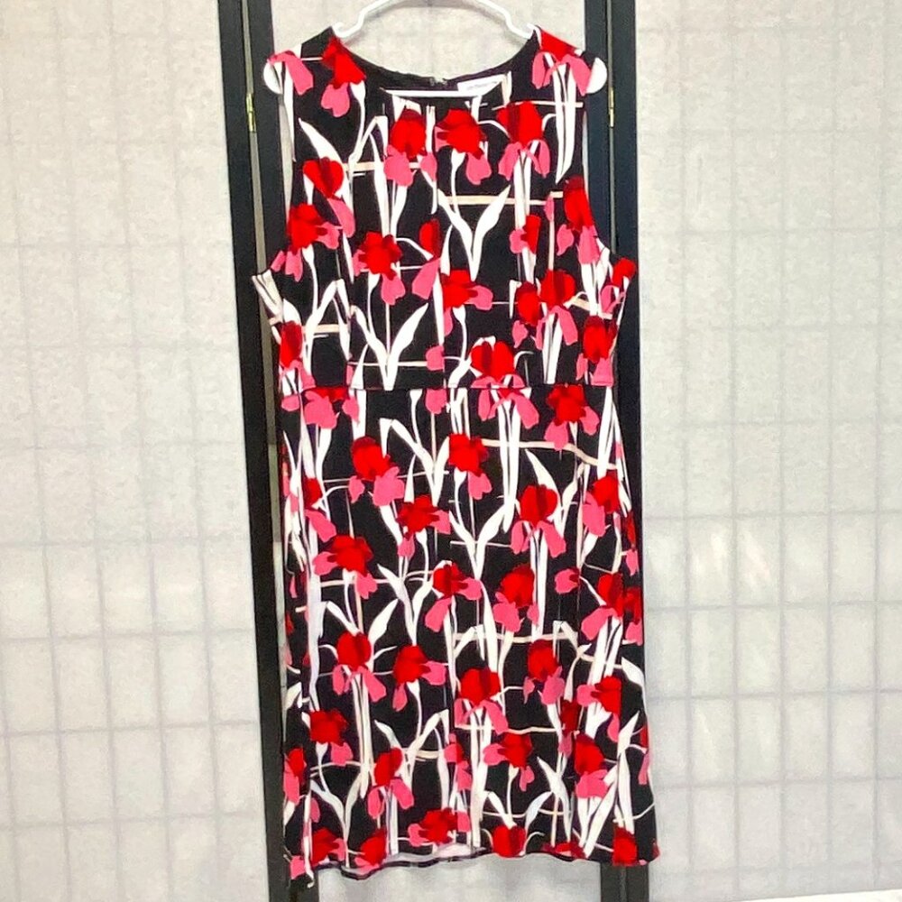 Liz Claiborne Princess Seam Pleat Neck A Line Floral Midi Dress XL Sleeveless